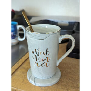 Best Mom Ever Mug White Marble Color Goldtone Spoon Coaster Tall Coffee Cup